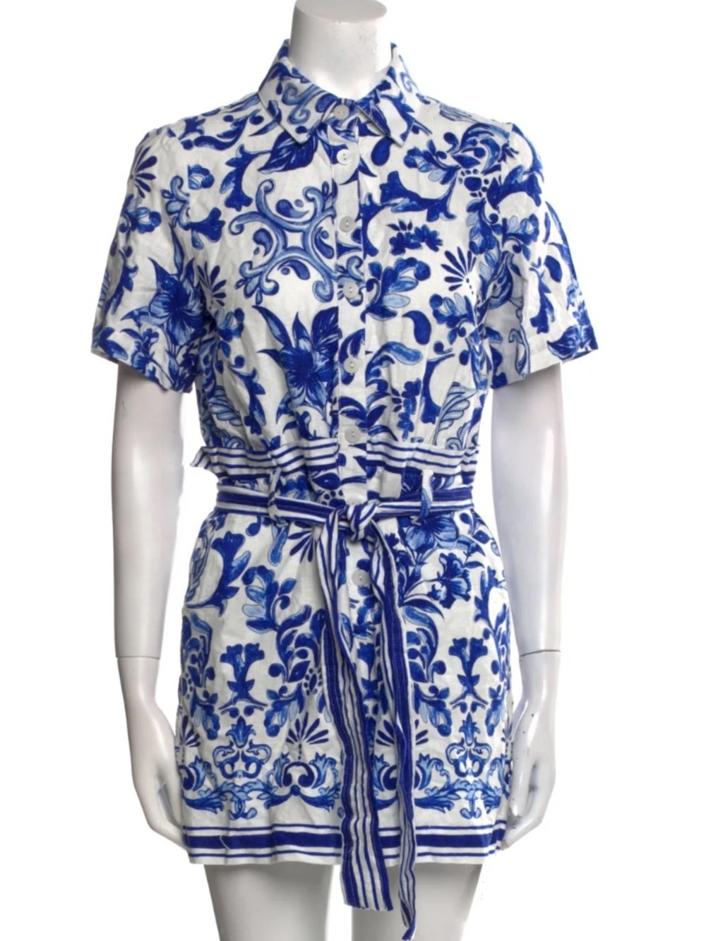 Caroline Constas White and Blue Printed Linen Romper with Tie Belt Small NWT